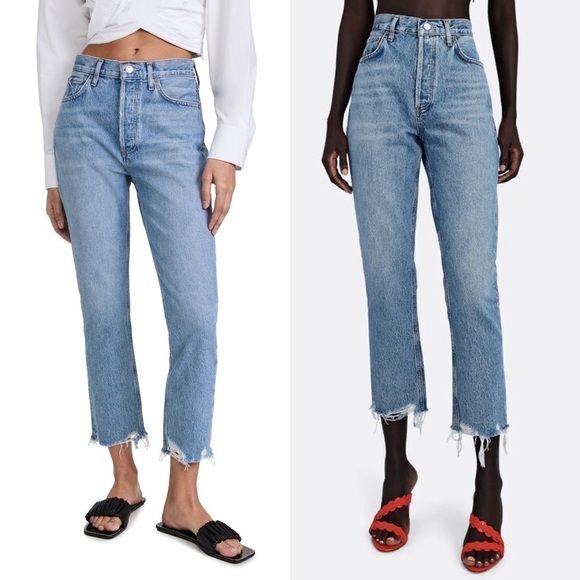 AGOLDE 90s High Rise Distressed Button Fly Raw Hem Ankle Crop Straight Jeans 26 - Picture 10 of 10